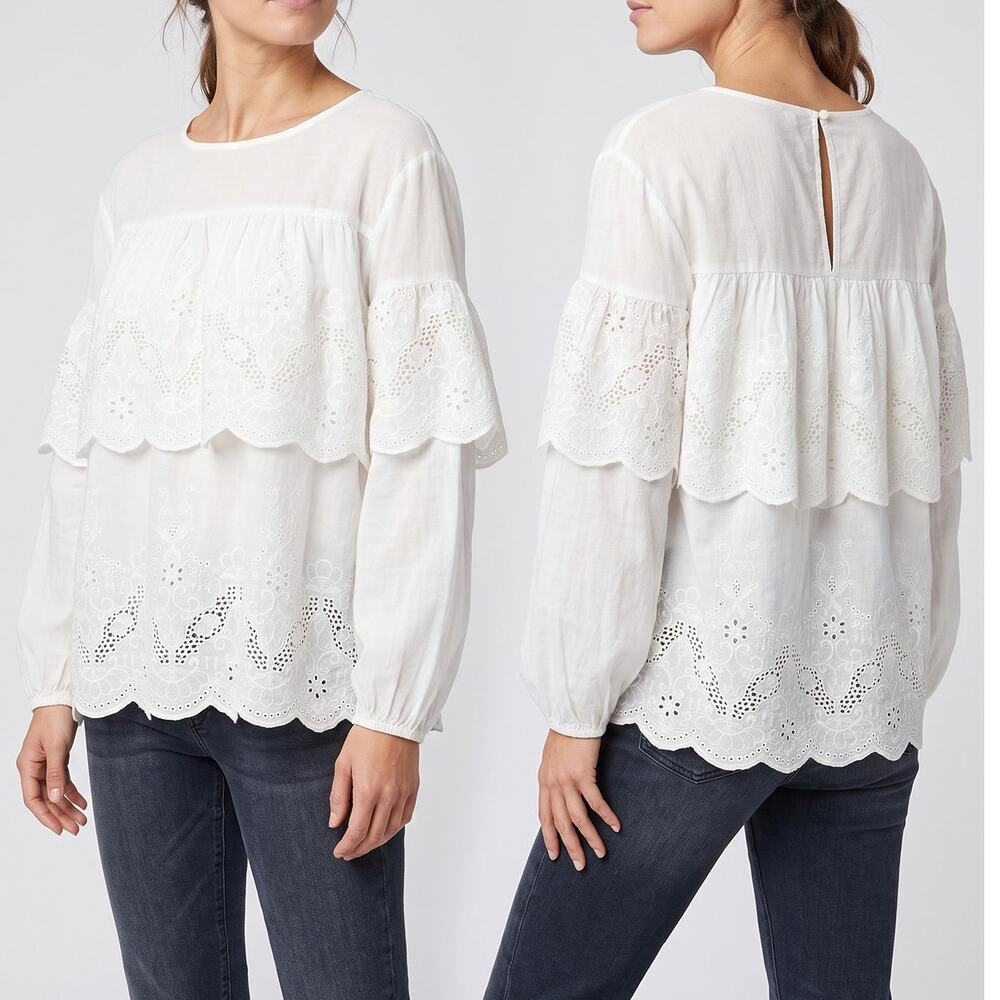 Grace + Karma 2X White Eyelet Peasant Blouse Tiered Ruffled Overlay Long Sleeve